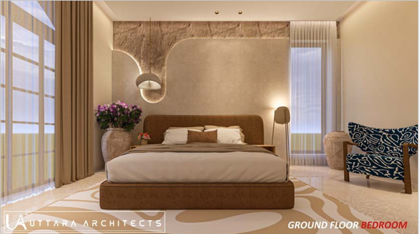 Spacious bedroom with lounge seating and sculptural mirror